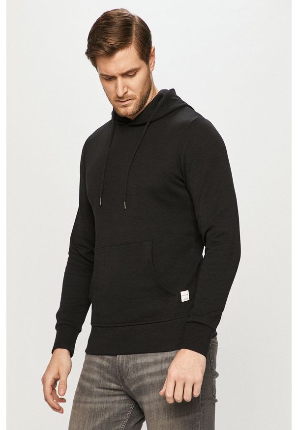 Jack & Jones Bluza męska kolor czarny z kapturem gładka. Okazja: na co dzień. Typ kołnierza: kaptur. Kolor: czarny. Materiał: dzianina. Wzór: gładki. Styl: casual