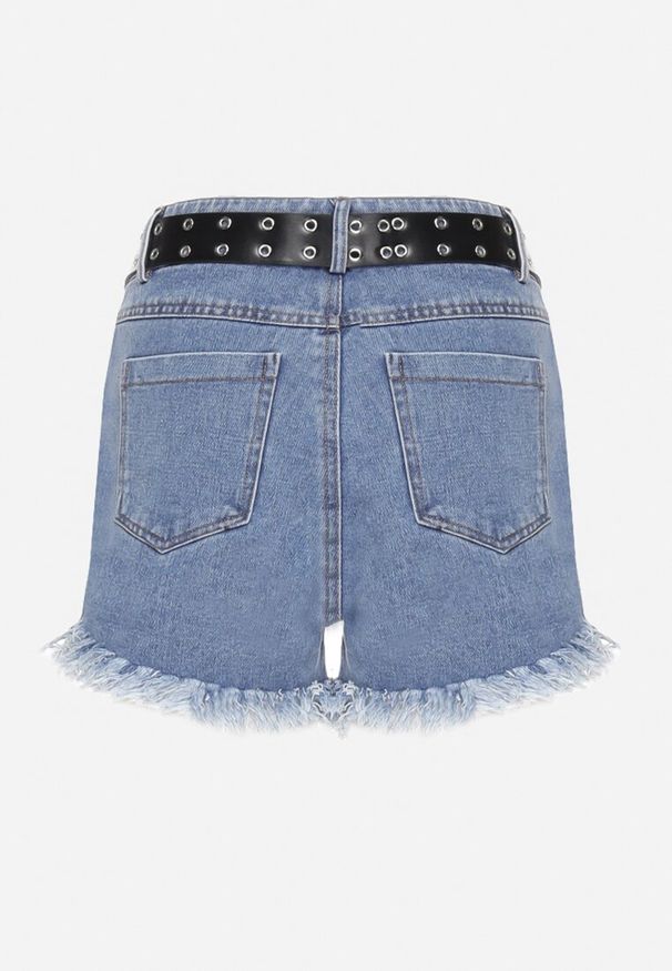 Born2be - Niebieskie Szorty Jeansowe z Modnie Postrzępionymi Nogawkami i Paskiem z Ekoskóry Piorita. Kolor: niebieski. Materiał: jeans. Sezon: lato. Styl: elegancki, rockowy