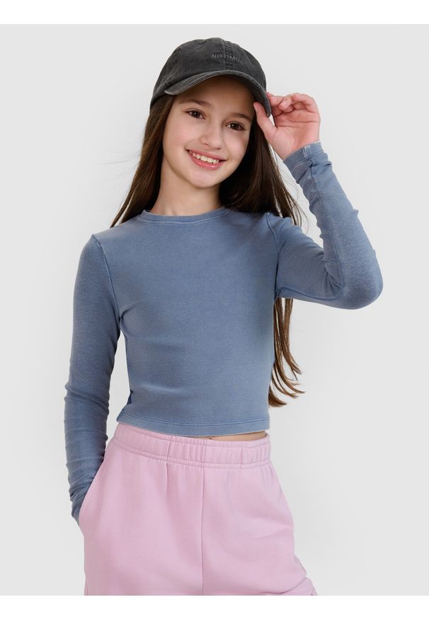 4f - 4F Longsleeve slim crop top gładki dziewczęcy - granatowy 152 (11-12 lat). Okazja: na co dzień. Kolor: niebieski. Materiał: dzianina, bawełna, materiał, elastan. Długość rękawa: długi rękaw. Długość: długie. Wzór: gładki. Sezon: lato. Styl: casual, sportowy