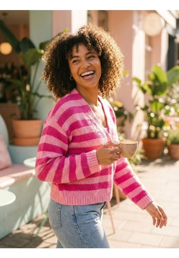 Sinsay - Kardigan w paski - różowy. Kolor: różowy. Wzór: paski
