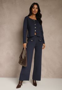 Renee - Granatowy Elegancki Komplet z Dzianiny z Wiskozą Kardigan i Spodnie Delinavea. Kolor: niebieski. Materiał: dzianina, wiskoza. Wzór: aplikacja #5