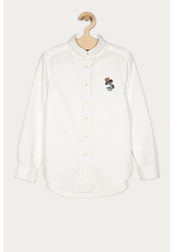 Polo Ralph Lauren - Koszula bawełniana dziecięca 134-176 cm. Okazja: na co dzień. Typ kołnierza: polo. Kolor: biały. Materiał: bawełna. Długość: długie. Wzór: gładki, aplikacja. Styl: elegancki, casual