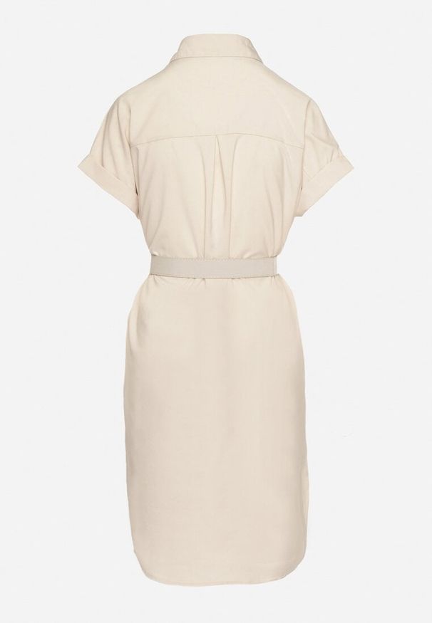 Born2be - Beżowa Sukienka Koszulowa z Bawełną z Ozdobnym Paskiem i Kieszeniami Efrissa. Okazja: na spotkanie biznesowe. Kolor: beżowy. Materiał: bawełna. Długość rękawa: długi rękaw. Typ sukienki: koszulowe. Styl: klasyczny, biznesowy, elegancki