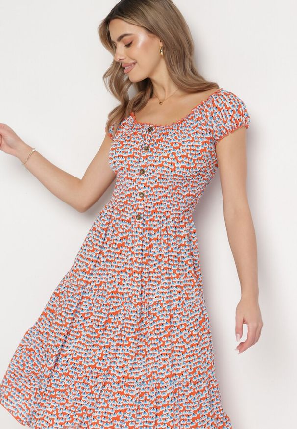 Born2be - Pomarańczowo-Niebieska Wiskozowa Sukienka Midi Rozkloszowana z Metalowymi Guzikami Exodia. Kolor: pomarańczowy. Materiał: wiskoza. Styl: klasyczny, elegancki. Długość: midi