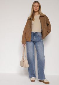 Born2be - Niebieskie Jeansy z Szerokimi Nogawkami i Wysokim Stanem Zdobione Cyrkoniami Felira. Okazja: na co dzień, do pracy. Stan: podwyższony. Kolor: niebieski. Wzór: aplikacja. Styl: casual, elegancki #6