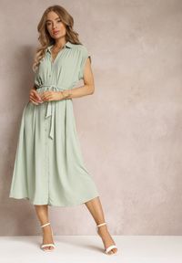 Renee - Jasnozielona Koszulowa Sukienka z Krótkimi Rękawami i Wiązanym Paskiem Denalia. Kolor: zielony. Długość rękawa: krótki rękaw. Typ sukienki: koszulowe #4