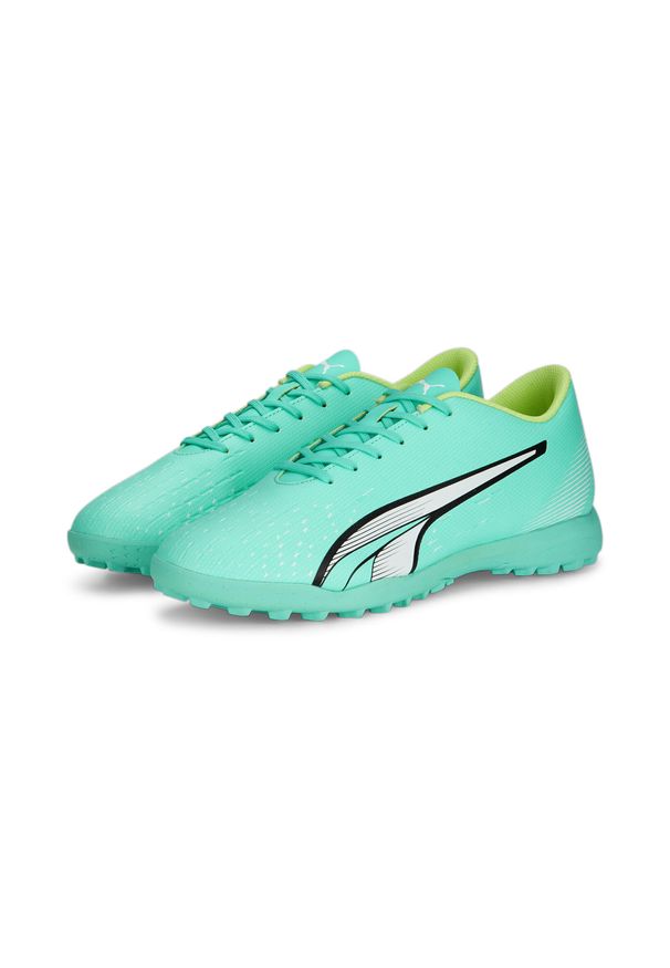 Buty piłkarskie męskie Puma Ultra Play TT. Zapięcie: sznurówki. Kolor: żółty, wielokolorowy, biały. Materiał: materiał, syntetyk. Szerokość cholewki: normalna. Sport: piłka nożna