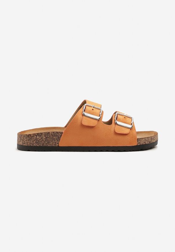 Born2be - Pomarańczowe Klapki na Grubej Korkowej Podeszwie z Dwoma Paskami Ivelimi. Okazja: na co dzień. Kolor: pomarańczowy. Materiał: skóra. Styl: elegancki, casual