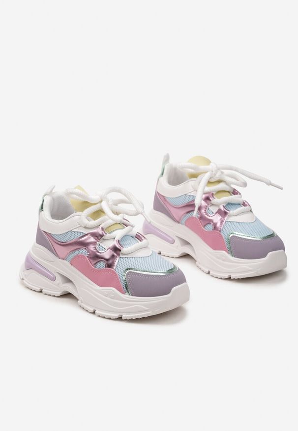 Born2be - Różowo-Fioletowe Sneakersy na Grubej Podeszwie z Ozdobnymi Sznurówkami Robella. Okazja: na co dzień. Kolor: różowy. Wzór: ze splotem