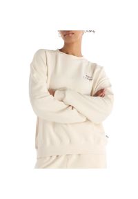 Bluza New Balance WT43559LIN - beżowa. Okazja: na co dzień. Kolor: beżowy. Materiał: prążkowany, dresówka, poliester, bawełna. Styl: klasyczny, casual