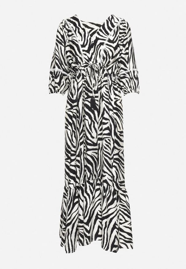 Born2be - Czarno-Biała Sukienka z Bawełny i Wiskozy w Abstrakcyjne Paski ze Sznurkiem w Talii Navarae. Okazja: na co dzień. Kolor: czarny. Materiał: wiskoza, bawełna. Wzór: paski. Typ sukienki: proste. Styl: casual, wizytowy