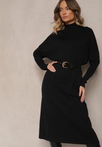 Renee - Czarna Pudełkowa Sukienka Sweterkowa z Wiskozą i Golfem Rinnine. Okazja: na co dzień. Typ kołnierza: golf. Kolor: czarny. Materiał: wiskoza. Styl: elegancki, casual #5