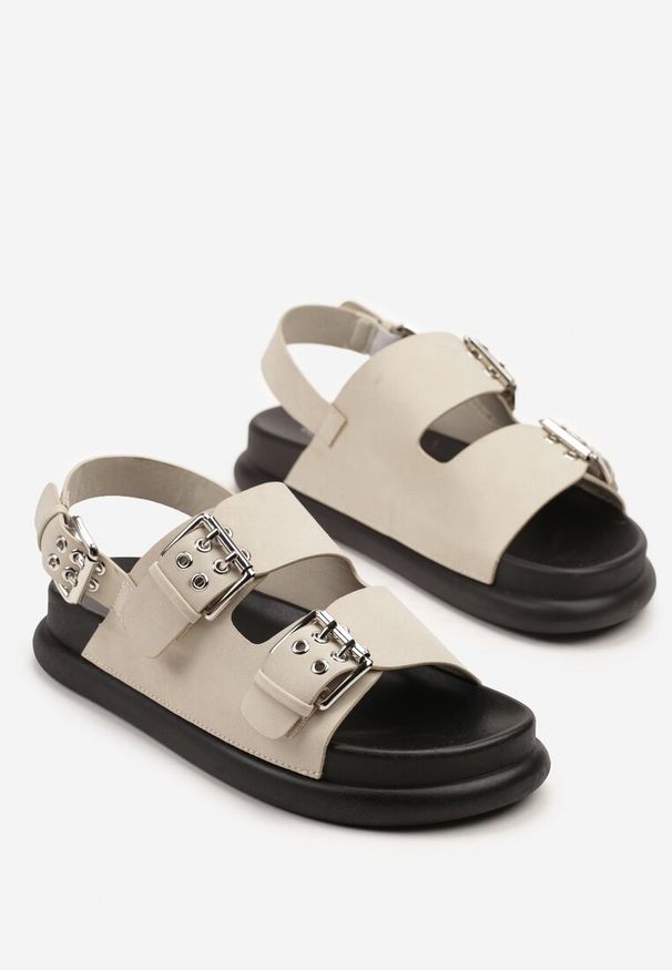 Renee - Beżowe Sandały z Ozdobnymi Paskami ze Sprzączkami Fillea. Okazja: na co dzień. Zapięcie: pasek. Kolor: beżowy. Materiał: jeans. Styl: elegancki, casual