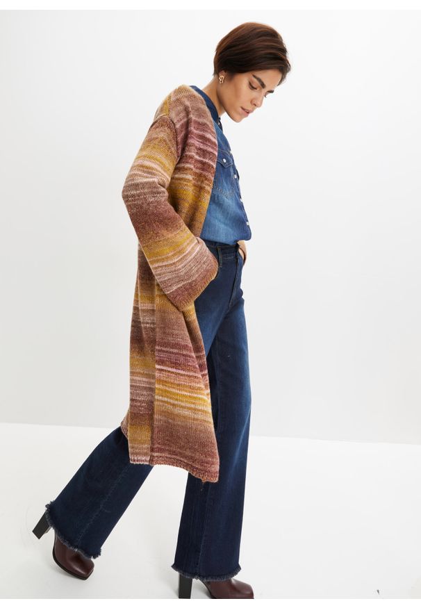 bonprix - Sweter bez zapięcia, z szerokimi rękawami. Kolor: brązowy. Materiał: dzianina. Długość: długie
