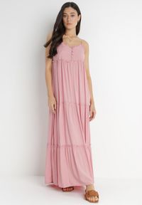 Born2be - Różowa Sukienka Cilaris. Kolor: różowy. Materiał: wiskoza, tkanina. Długość rękawa: na ramiączkach. Wzór: gładki. Sezon: lato, wiosna. Typ sukienki: rozkloszowane. Długość: maxi #1