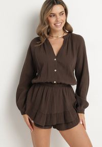 Born2be - Brązowy Bawełniany Kombinezon z Elastyczną Gumką w Talii i Spódnico-Spodenkami Gleasea. Okazja: na co dzień. Kolor: brązowy. Materiał: bawełna. Styl: casual, elegancki #4