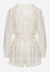 Born2be - Beżowy Kopertowy Kombinezon z Tencelu Ozdobiony Kwiatkami 3D i Cekinami Adralila. Okazja: na co dzień. Kolor: beżowy. Materiał: materiał, poliester. Wzór: aplikacja, kwiaty. Styl: elegancki, klasyczny, casual #5