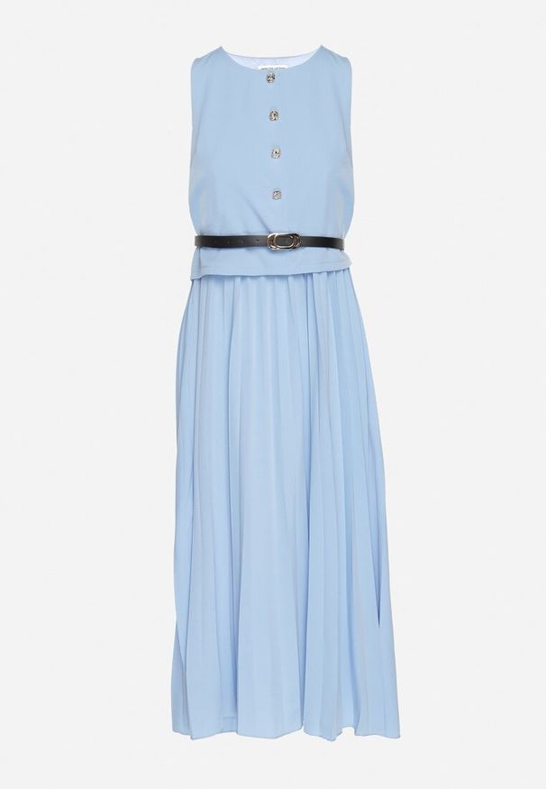 Born2be - Niebieska Sukienka Bez Rękawów z Plisami i Paskiem z Klamrą Iffale. Okazja: na spacer, na co dzień. Kolor: niebieski. Długość rękawa: bez rękawów. Styl: casual, klasyczny