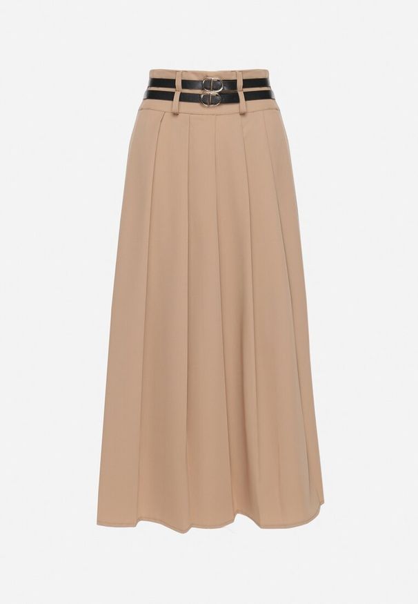 Born2be - Beżowa Spódnica z Podwójnym Paskiem z Ekoskóry i Szerokimi Plisami Hiritai. Okazja: do pracy, na imprezę. Stan: podwyższony. Kolor: beżowy. Materiał: skóra. Styl: elegancki