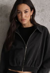 Renee - Czarna Bluza Bomberka z Bawełny Oversize Ozdobiona Kołnierzem Vimelles. Okazja: na co dzień. Kolor: czarny. Materiał: bawełna. Wzór: aplikacja. Styl: casual, elegancki #5