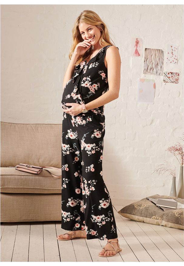 Kombinezon ciążowy i do karmienia z dżerseju bonprix czarny w kwiaty. Kolekcja: moda ciążowa. Kolor: czarny. Materiał: jersey. Wzór: kwiaty