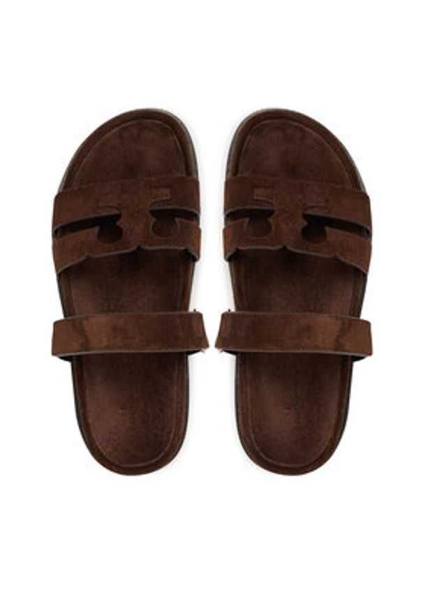 Tory Burch Klapki Ines Sport Slide 163481 Brązowy. Kolor: brązowy. Materiał: zamsz, skóra. Styl: sportowy