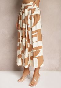 Renee - Beżowa Rozkloszowana Spódnica High Waist z Gumką w Talii i Guzikami Tinasshi. Stan: podwyższony. Kolor: beżowy. Materiał: tkanina. Sezon: lato #4