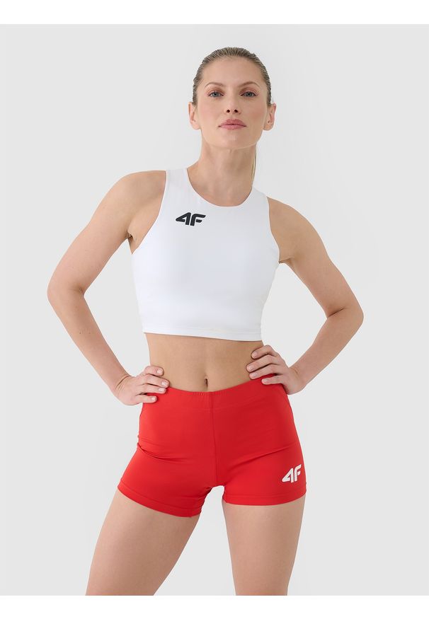4f - 4F Biustonosz treningowy ze średnim wsparciem damski - biały XL. Kolor: biały. Materiał: dzianina, elastan, włókno, syntetyk, materiał, guma. Rodzaj stanika: wyciągane miseczki. Wzór: gładki, jednolity, ze splotem. Sport: fitness, bieganie, kolarstwo