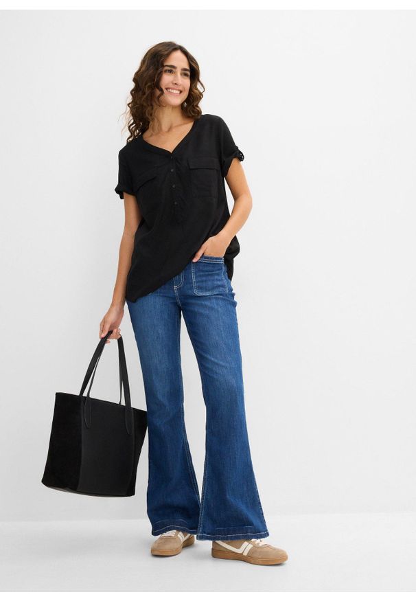 bonprix - Bluzka z wiskozy, krótki rękaw. Kolor: czarny. Materiał: wiskoza. Długość rękawa: krótki rękaw. Długość: krótkie