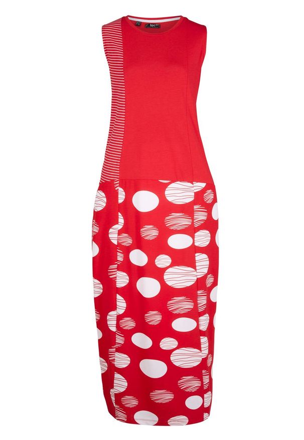 Sukienka z dżerseju w fasonie o linii O bonprix czerwono-biały w kropki. Kolor: czerwony. Materiał: jersey. Wzór: kropki