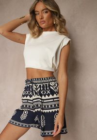 Renee - Granatowe Wiskozowe Szorty High Waist ze Wzorem Boho Lunadora. Okazja: na co dzień. Stan: podwyższony. Kolor: niebieski. Materiał: wiskoza. Sezon: lato. Styl: boho