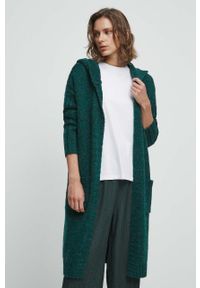 medicine - Medicine kardigan damski kolor zielony ciepły. Typ kołnierza: kaptur. Kolor: zielony. Materiał: dzianina. Długość rękawa: długi rękaw. Długość: długie. Wzór: melanż #1