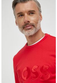 BOSS bluza bawełniana męska kolor czerwony z aplikacją. Kolor: czerwony. Materiał: bawełna. Wzór: aplikacja