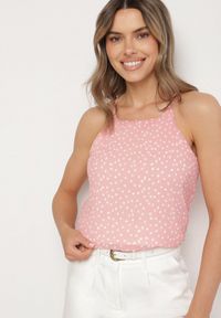 Born2be - Różowa Plisowana Bluzka na Ramiączkach w Kropki Filareia. Okazja: na co dzień. Kolor: różowy. Materiał: jeans. Długość rękawa: na ramiączkach. Wzór: kropki. Styl: elegancki, casual #3