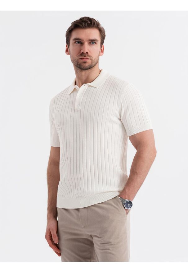 Ombre Clothing - Męska koszulka polo z wiskozą SLIM FIT w pionowy prążek – złamana biel V3. Typ kołnierza: polo. Materiał: wiskoza. Wzór: prążki. Styl: klasyczny, elegancki