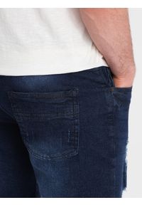 Ombre Clothing - Krótkie spodenki męskie jeansowe z dziurami – ciemnoniebieskie V3. Okazja: na co dzień. Kolor: niebieski. Materiał: jeans. Długość: krótkie. Wzór: aplikacja. Styl: klasyczny, casual #5