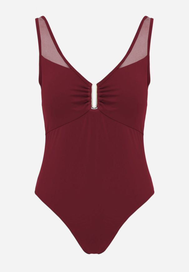 Born2be - Bordowy Strój Kąpielowy Jednoczęściowy z Metaliczną Ozdobą i Marszczeniem Chelviane. Kolekcja: plus size. Kolor: czerwony. Wzór: aplikacja