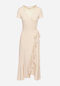 Born2be - Beżowa Sukienka z Paskiem Kopertowa Ozdobiona Falbanami Wleffia. Okazja: na spacer. Typ kołnierza: dekolt w kształcie V. Kolor: beżowy. Długość rękawa: krótki rękaw. Wzór: aplikacja. Sezon: wiosna, lato. Typ sukienki: kopertowe. Styl: elegancki #3