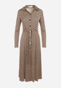 Born2be - Brązowa Sukienka Rozkloszowana Def. Kolor: brązowy. Materiał: dzianina, materiał. Wzór: geometria. Typ sukienki: dopasowane, koszulowe. Styl: klasyczny. Długość: midi #5