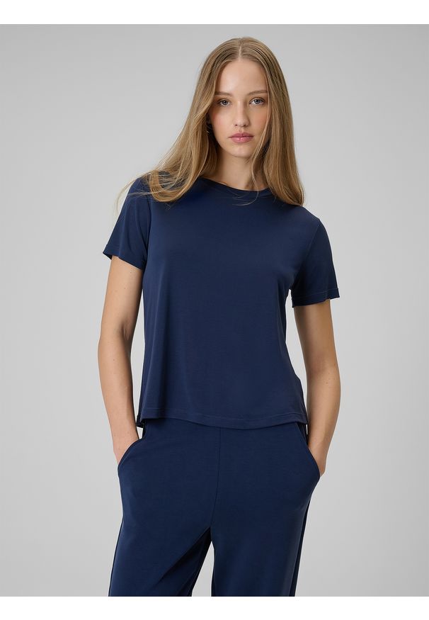 4f - 4F T-shirt regular gładki damski - granatowy M. Okazja: na co dzień. Kolor: niebieski. Materiał: dzianina, skóra, materiał. Wzór: gładki. Styl: casual