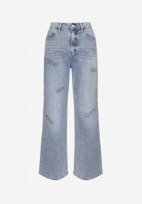 Renee - Niebieskie Szerokie Jeansy High Waist z Ozdobnymi Naszywkami Hleffia. Okazja: na co dzień. Stan: podwyższony. Kolor: niebieski. Wzór: aplikacja. Styl: casual, elegancki, klasyczny #2