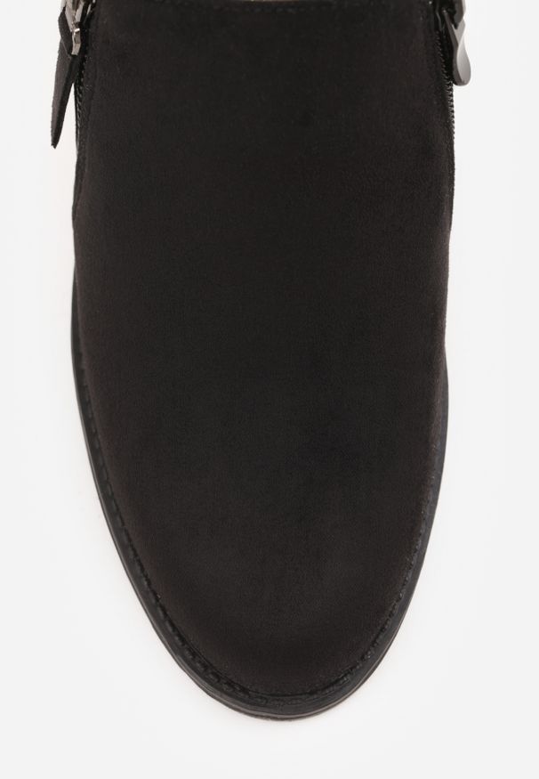 Renee - Czarne Półbuty na Słupku z Niską Cholewką Ozdobioną Suwakiem Ansolee. Okazja: do pracy, na co dzień. Wysokość cholewki: przed kostkę. Kolor: czarny. Materiał: jeans. Szerokość cholewki: normalna. Wzór: aplikacja. Obcas: na słupku. Styl: casual