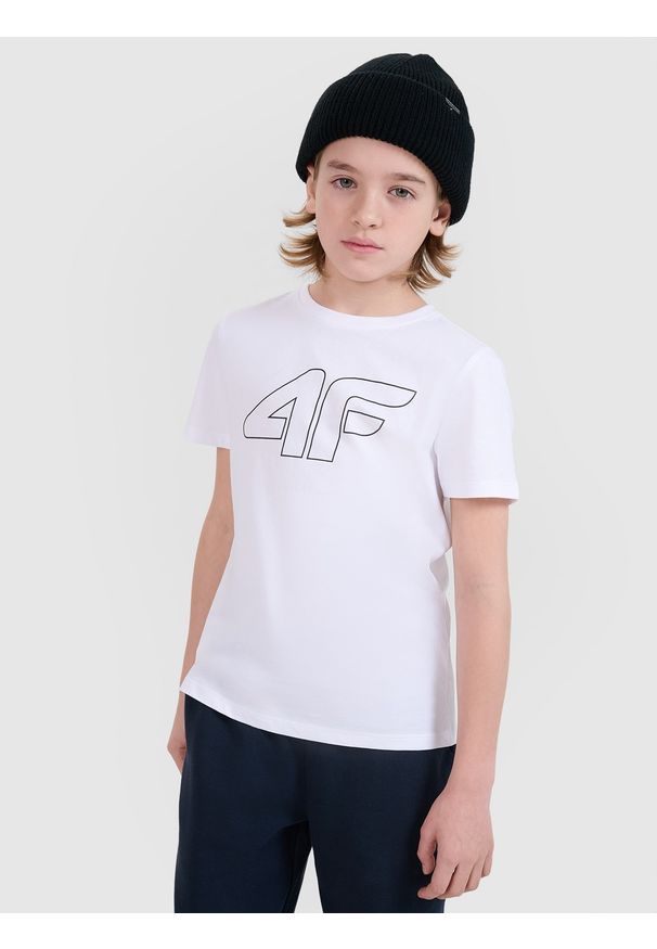4f - 4F T-shirt z nadrukiem chłopięcy - biały 158 (12-13 lat). Okazja: na co dzień. Kolor: biały. Materiał: bawełna, dzianina, jersey. Długość rękawa: krótki rękaw. Długość: krótkie. Wzór: nadruk. Sezon: lato. Styl: klasyczny, casual, sportowy