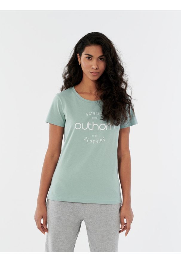 outhorn - T-shirt z nadrukiem damski - turkusowy. Kolor: turkusowy. Materiał: bawełna, jersey. Wzór: nadruk