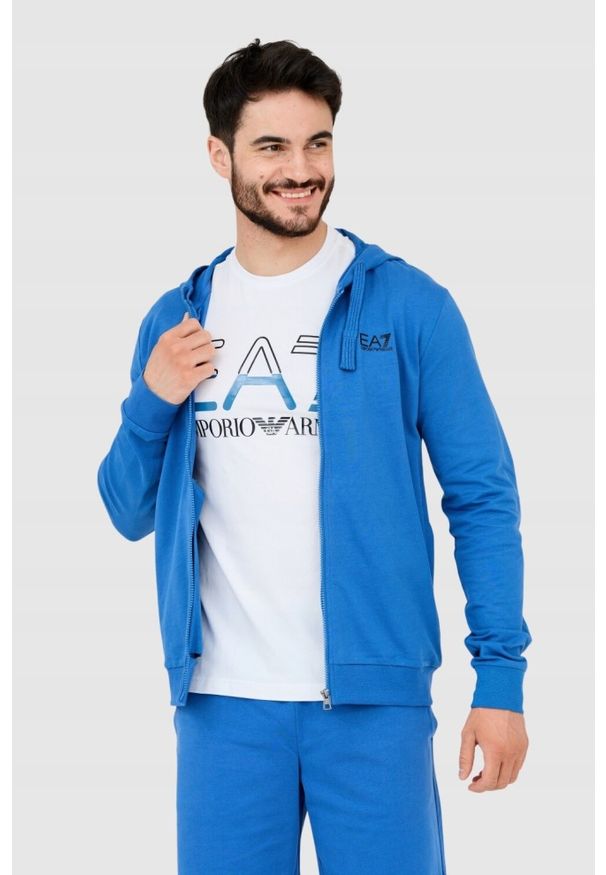 EA7 Emporio Armani - EA7 Niebieska bluza męska z kapturem, Rozmiar S. Typ kołnierza: kaptur. Kolor: niebieski