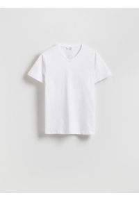Reserved - T-shirt slim z dekoltem V - biały. Kolor: biały. Materiał: bawełna, dzianina