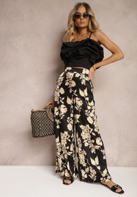 Renee - Czarno-Beżowe Szerokie Spodnie Palazzo z Gumką w Talii i High Waist Dimianna. Stan: podwyższony. Kolor: czarny. Materiał: tkanina. Sezon: lato
