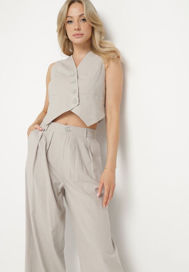 Born2be - Szary Komplet Garniturowy z Bawełną i Wiskozą Spodnie i Kamizelka Polvivi. Kolor: szary. Materiał: bawełna, wiskoza. Wzór: jednolity