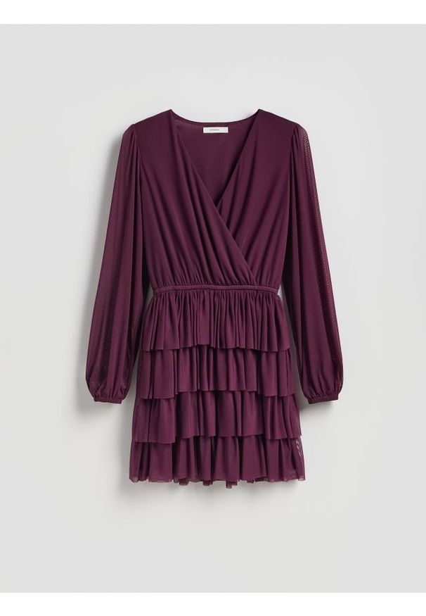 Reserved - Sukienka mini - ciemnofioletowy. Kolor: fioletowy. Materiał: dzianina. Długość: mini