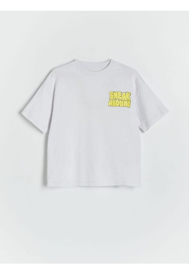Reserved - T-shirt oversize z nadrukiem - jasnoszary. Kolor: szary. Materiał: bawełna, dzianina. Wzór: nadruk